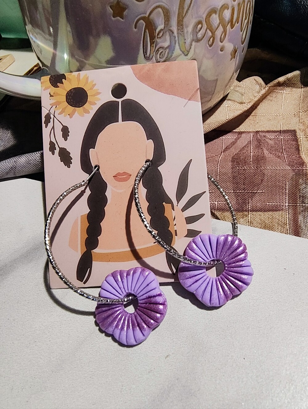 Polymer Clay Lavender Flower Hoop Earrings - Women Jewelry